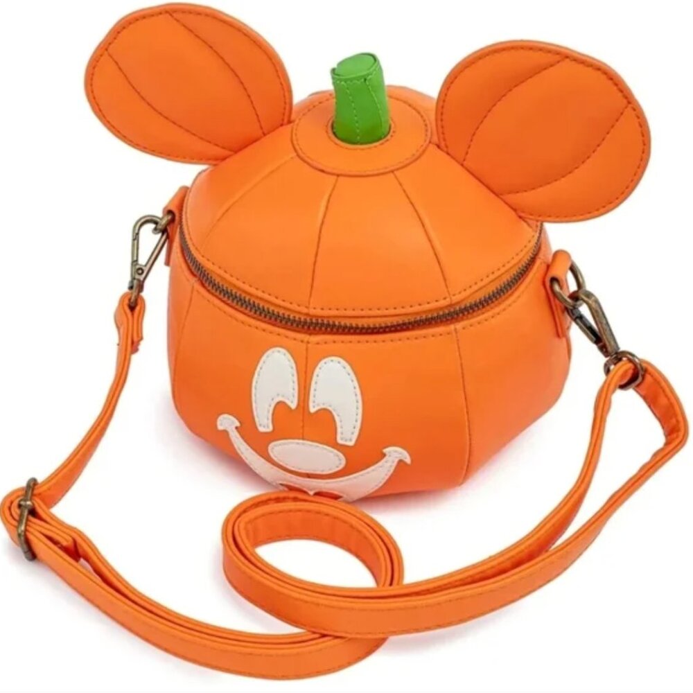 Loungefly Orange Pumpkin Mickey Crossbody Bag with Green Stem